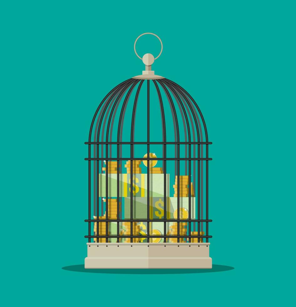 Münzen und Dollar Rechnungen Stapel im Käfig. finanziell Ersparnisse. Vektor Illustration im eben Stil