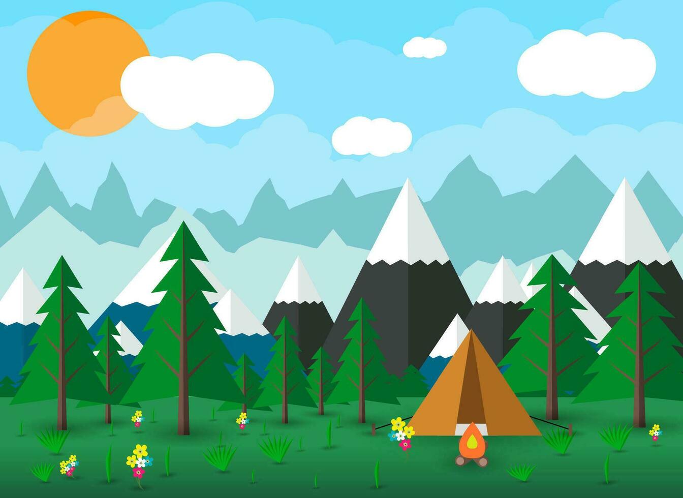 sommar campingplats med en lägereld, skog, berg, himmel, moln, Sol. resa och semester begrepp. vektor illustration i platt design