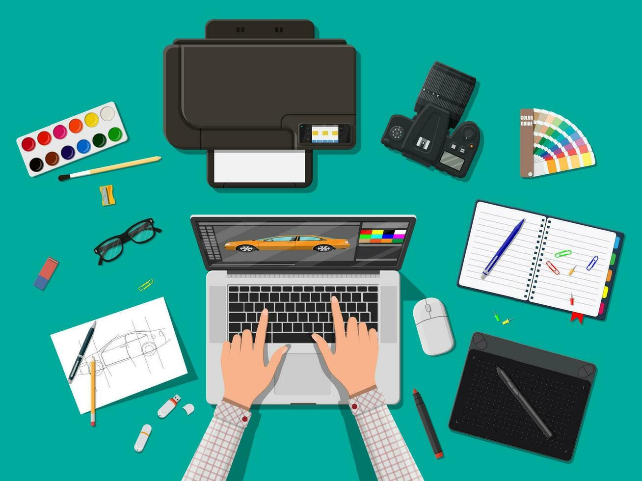 Designer Arbeitsplatz. Illustrator Desktop mit Werkzeug. Laptop PC, Foto Kamera, Maus, Gläser, Anmerkungen, Stift, Drucker. skizzieren auf Papier leer. Hände Arbeit Grafik Tablette. Vektor Illustration im eben Stil