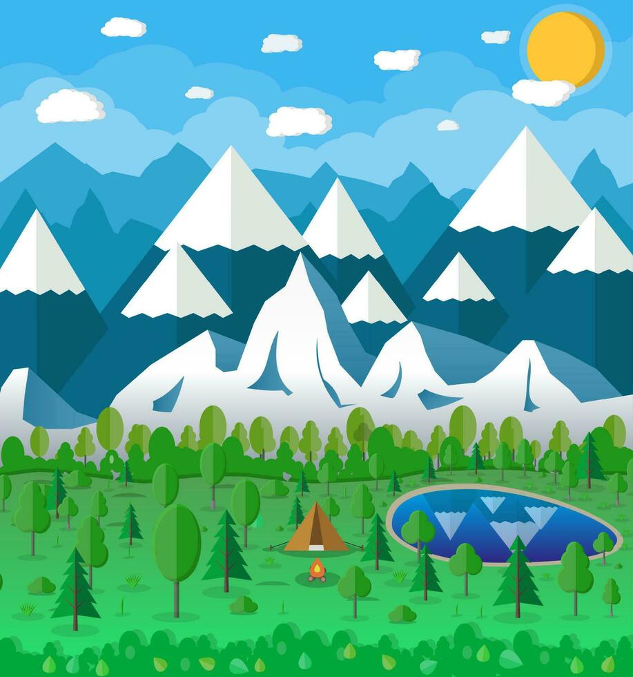 Sommer- Campingplatz mit ein Lagerfeuer, See, Wald, Berge, Himmel, Wolken, Sonne. Reise und Ferien Konzept. Vektor Illustration im eben Design