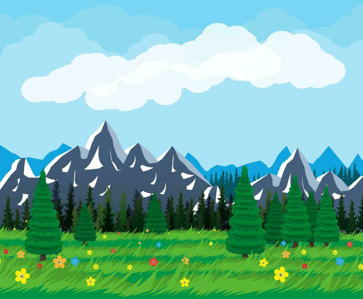 sommar natur landskap med berg, skog, gräs, blomma, himmel, Sol och moln. nationell parkera. vektor illustration i platt stil