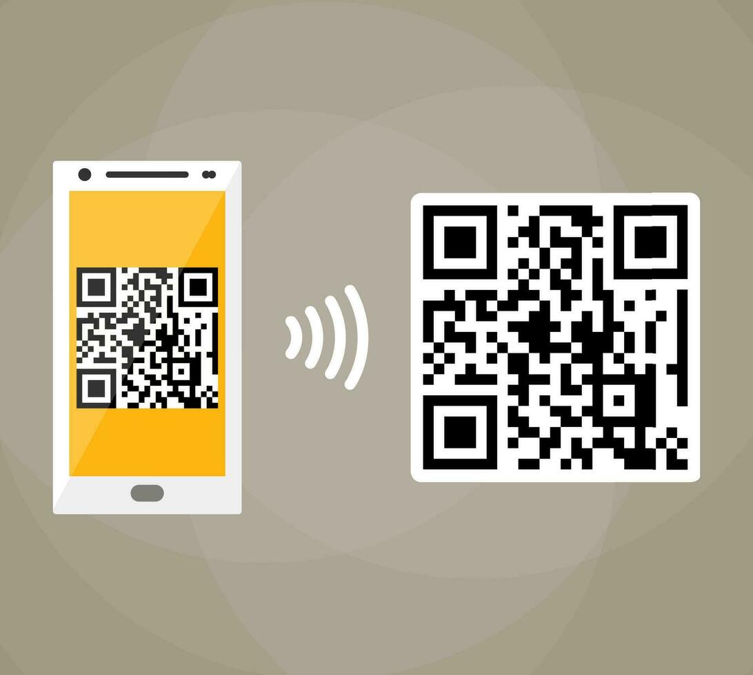 qr Code Scannen durch Handy, Mobiltelefon Telefon. Erfassung qr Code auf Handy, Mobiltelefon Telefon. Symbol Scannen qr Code. Konzept Anerkennung qr Code. lesen qr Code. Vektor Illustration im eben Design auf braun Hintergrund