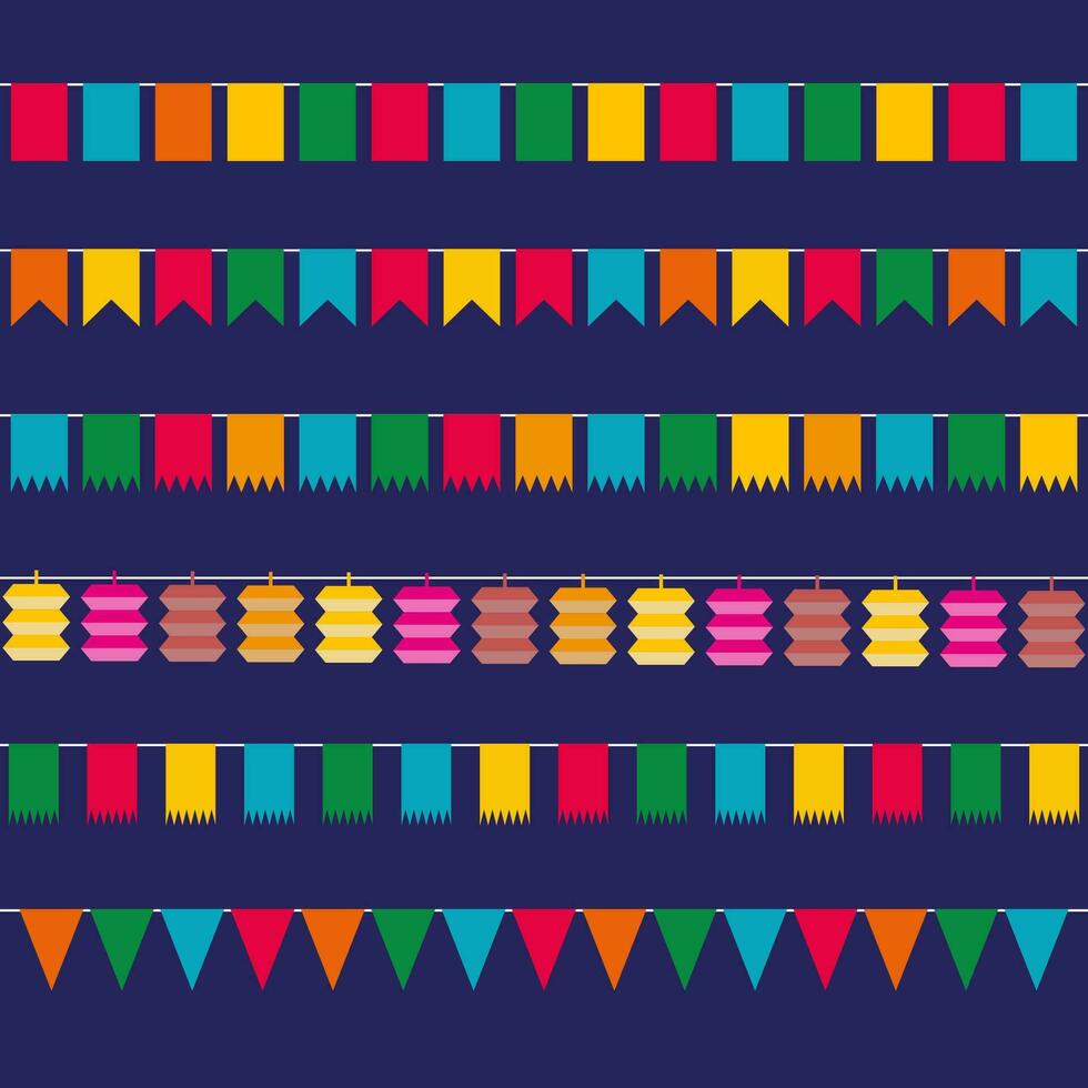 Färg platt vimpel flaggväv samling triangel- och fyrkant i röd, gul, blå, grön, orange färger på mörk backgound i platt design. vektor illustration mall för webb design. hälsning kort