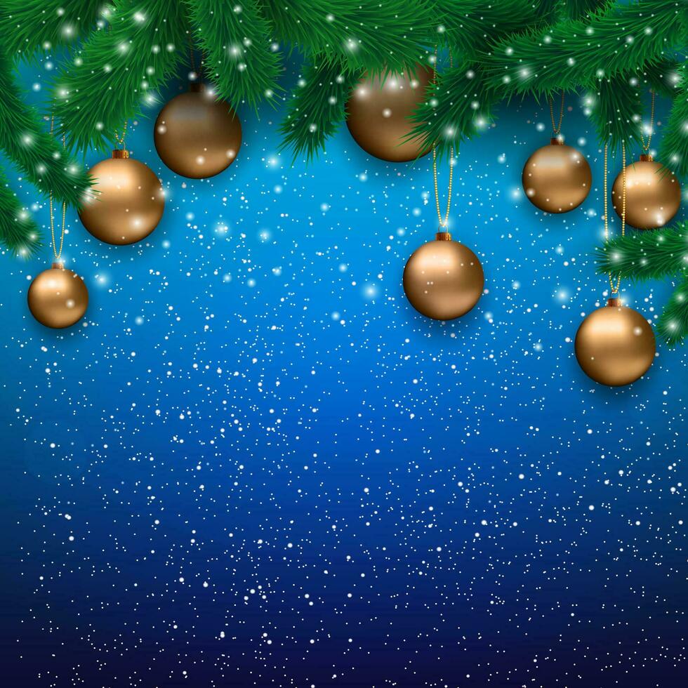 jul kort med guld glas bollar, snöflingor, päls grenar på blå bakgrund, vektor illustration, mall för hälsning kort.