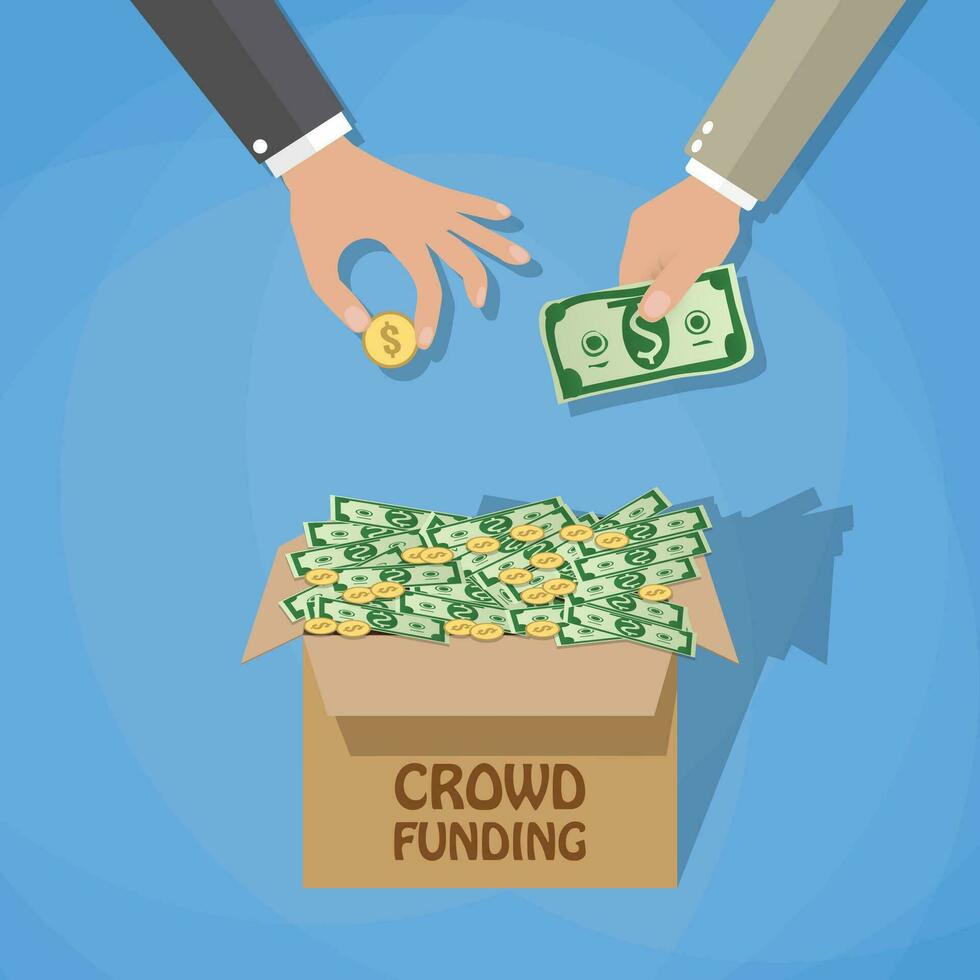 Crowdfunding Konzept, Box voll von Dollar Kasse und Münzen und Geschäftsmann Hände. Vektor Illustration im eben Design auf Blau Hintergrund