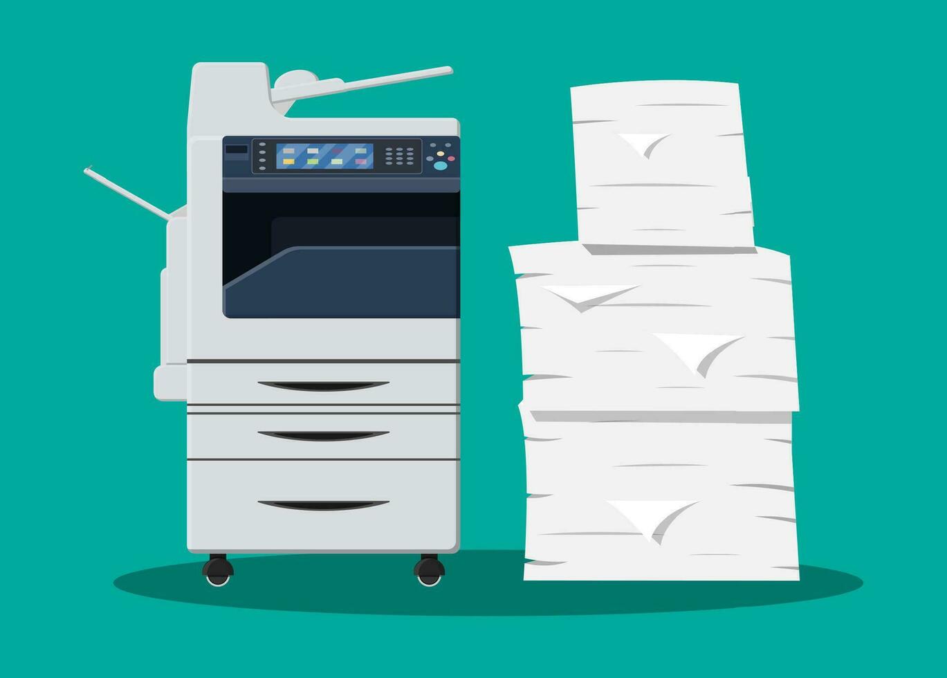 kontor multifunktion maskin. lugg av papper dokument. byråkrati, pappersarbete, kontor. skrivare kopia scanner enhet. professionellt utskrift station. vektor illustration i platt stil