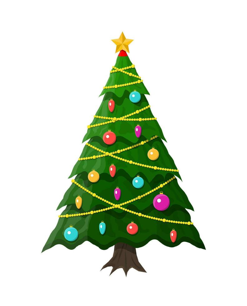 Weihnachten Baum dekoriert mit bunt Bälle, Girlande Beleuchtung, golden Stern. Fichte, immergrün Baum. Gruß Karte, festlich Poster, Party Einladungen. Neu Jahr. Vektor Illustration im eben Stil
