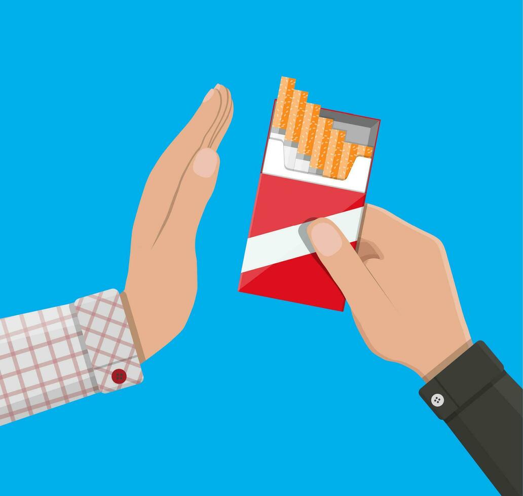 Tabak Missbrauch Konzept. Hand gibt Box von Zigarette zu andere Hand. Nein Rauchen. Ablehnung, Vorschlag Rauch. Vektor Illustration im eben Stil.