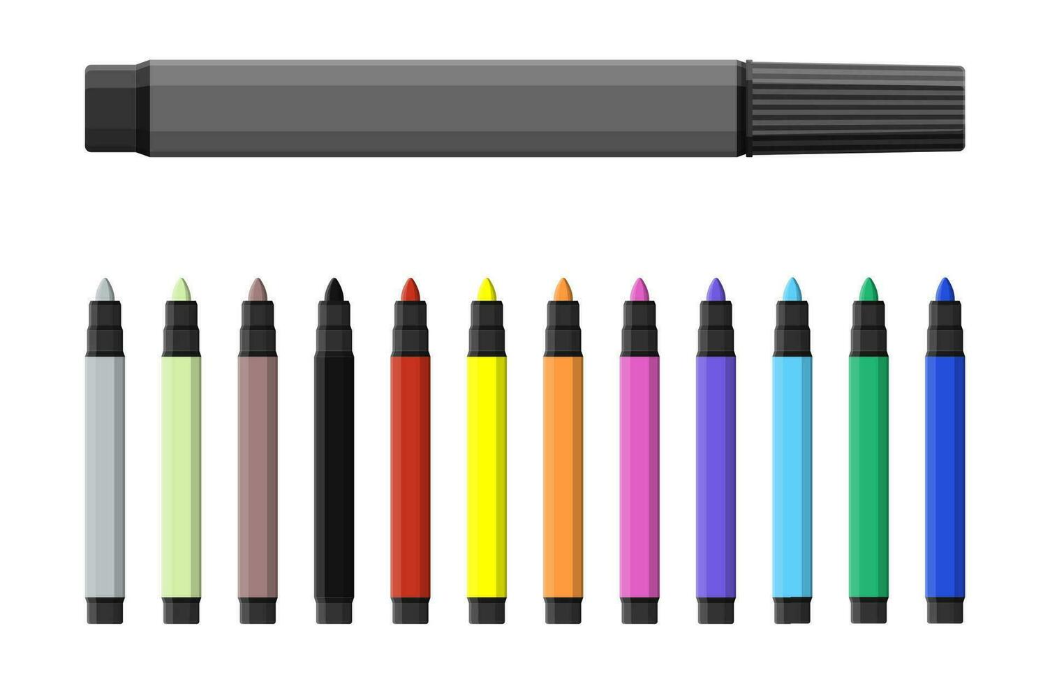 Marker Stift. einstellen von diverset Farbe Markierungen. Aquarell Stift. Werkzeug zum Designer, Illustrator, Künstler. Schreibwaren und Büro liefern. Vektor Illustration im eben Stil