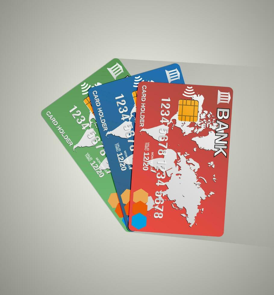 drei realistisch Lastschrift Anerkennung Bank Karten mit lange Schatten. Vektor Illustration auf grau Hintergrund