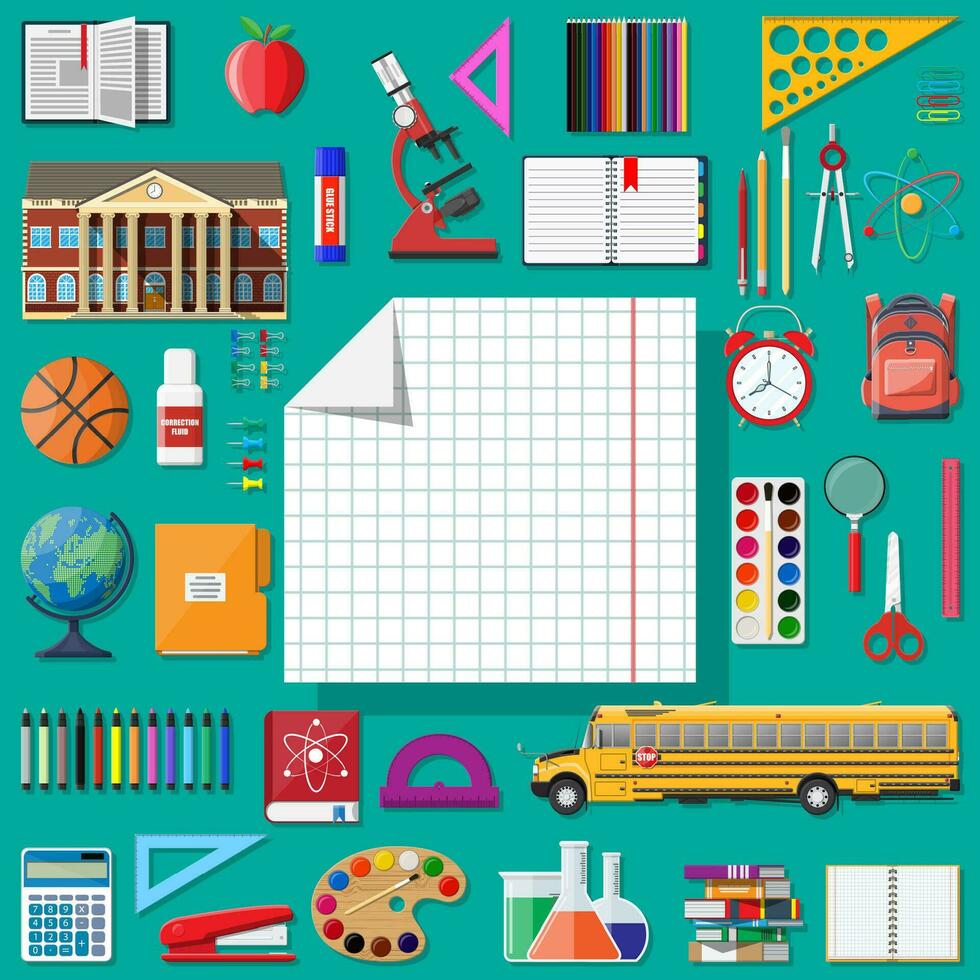 groß Schule Satz. anders Schule Lieferungen, Schreibwaren. Hinweis Globus Farbe Bleistift Stift Taschenrechner Rucksack Uhr Schere Ball Apfel Gebäude Schulbus Lineal Atom. Vektor Illustration im eben Stil