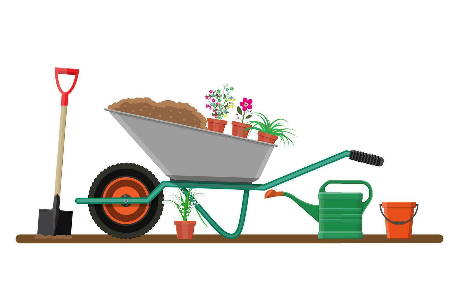 Garten mit Schubkarre, Bewässerung dürfen, Blumen, Schaufel, Eimer. Vektor Illustration im eben Stil