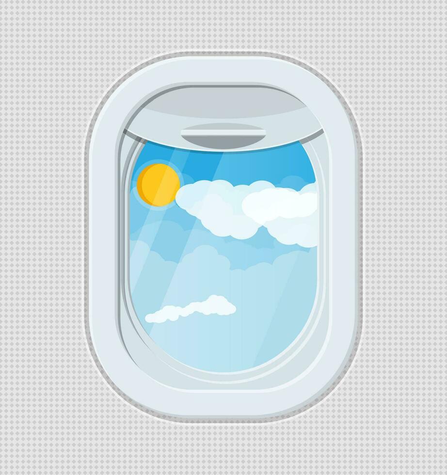 Fenster von Innerhalb das Flugzeug. Flugzeug Bullauge Verschluss. Himmel, Sonne und Wolken hinter ein Tafel. Luft Reise oder Ferien Konzept. Vektor Illustration im eben Stil