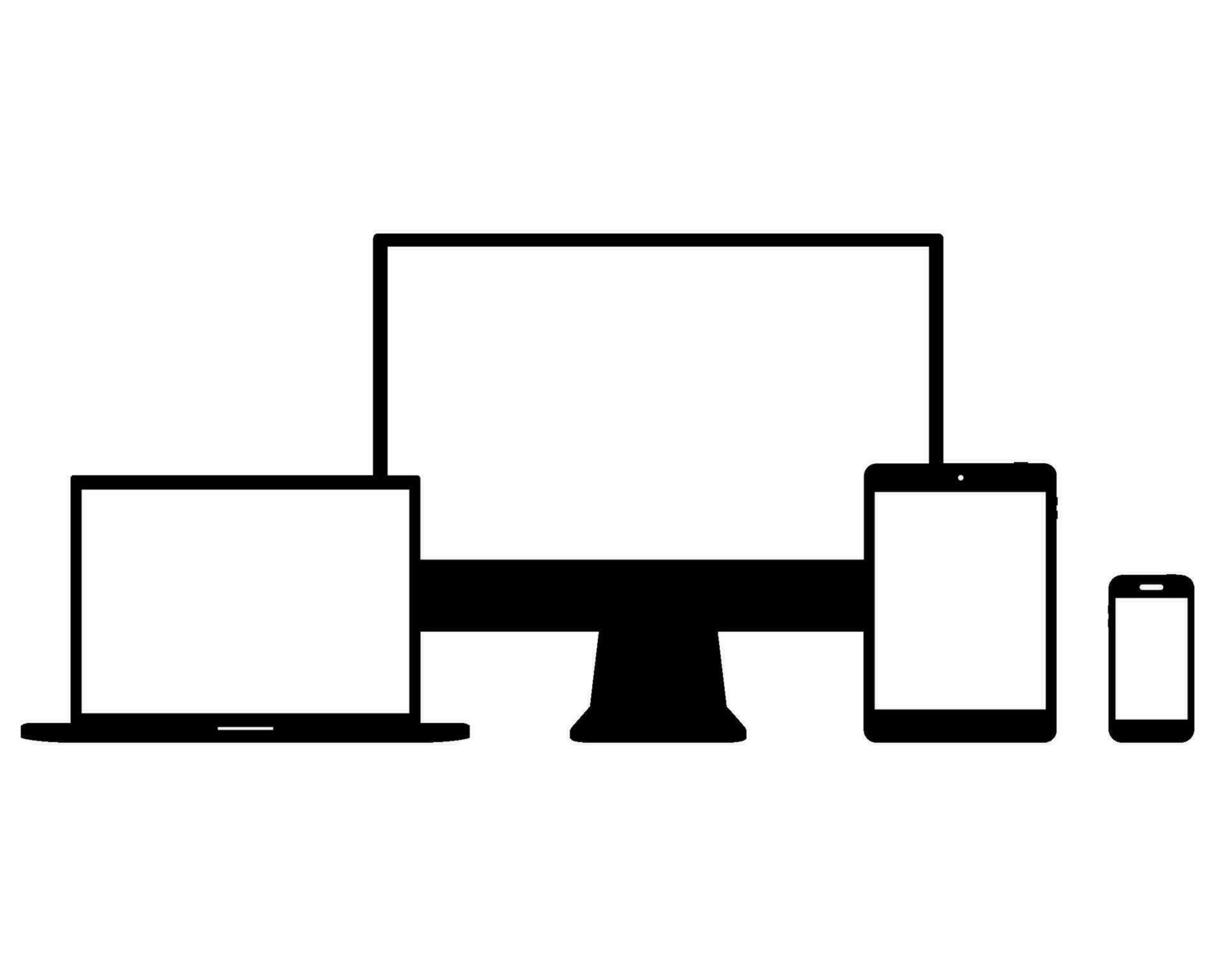 uppsättning av modern digital enheter i svart och vit färger, inkludera bärbar dator, Rör telefon, skrivbordet pc och läsplatta st. vektor illustration