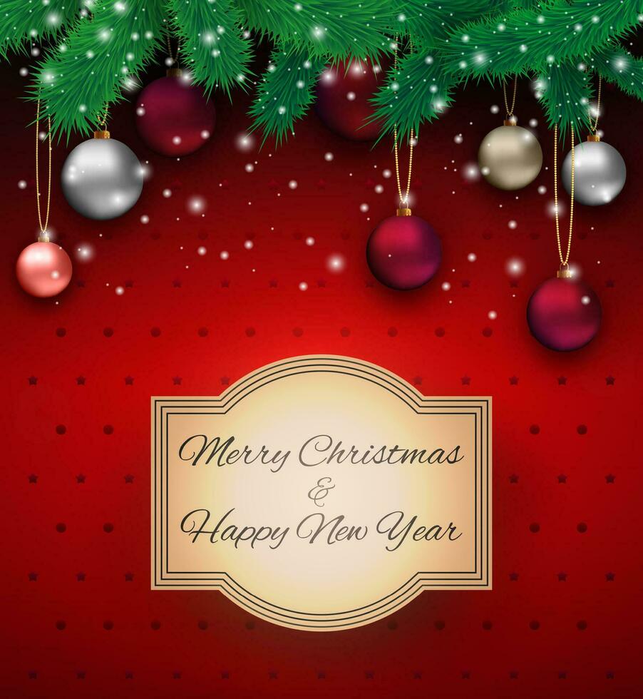 jul kort med färgrik glas bollar, snöflingor, päls grenar på röd bakgrund med prickar och stjärnor och logotyp i gammal stil, vektor illustration, mall för hälsning kort.