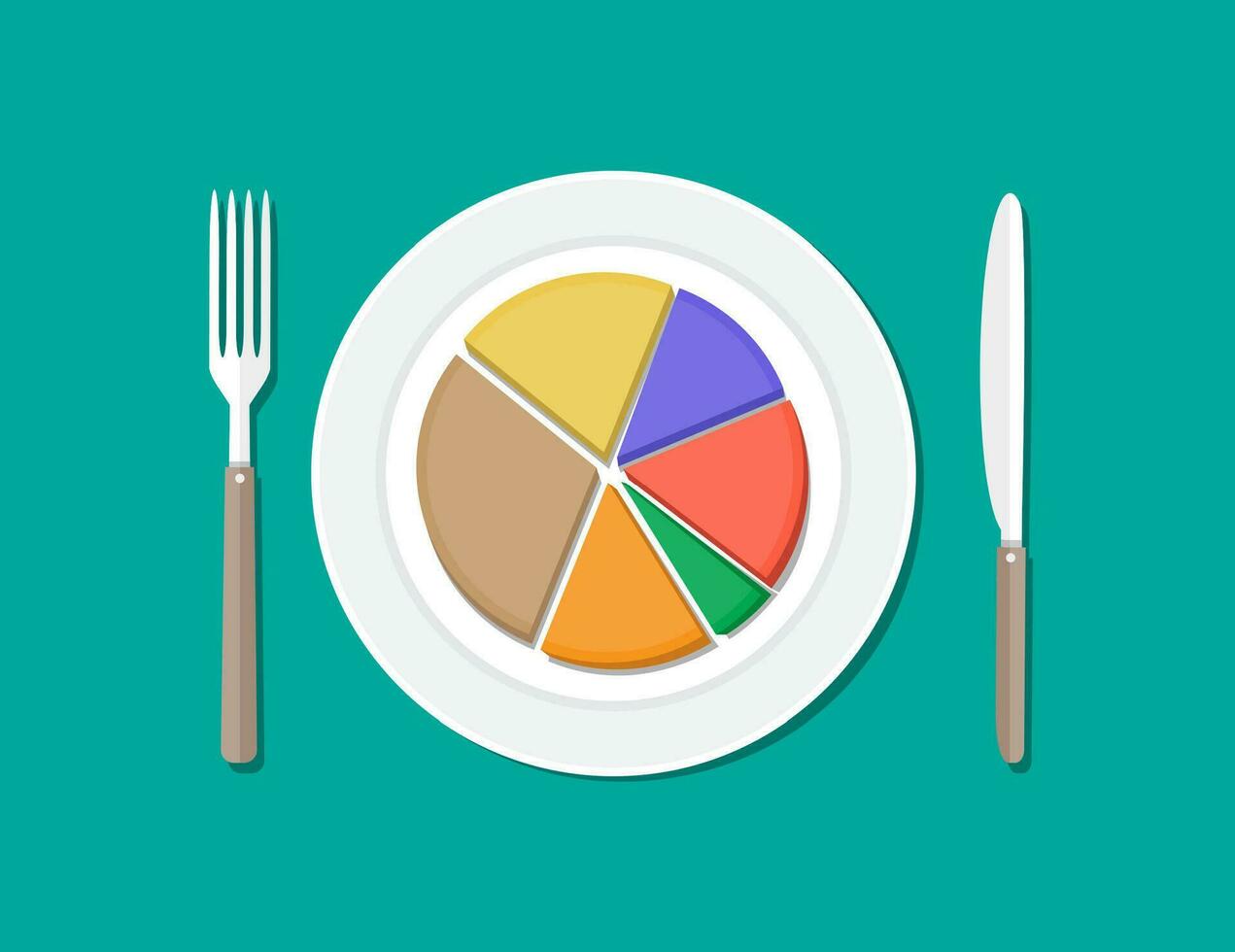 bunt Geschäft Diagramm Kuchen auf Teller mit Gabel und Messer. Geschäft Mittagessen. Vektor Illustration im eben Stil