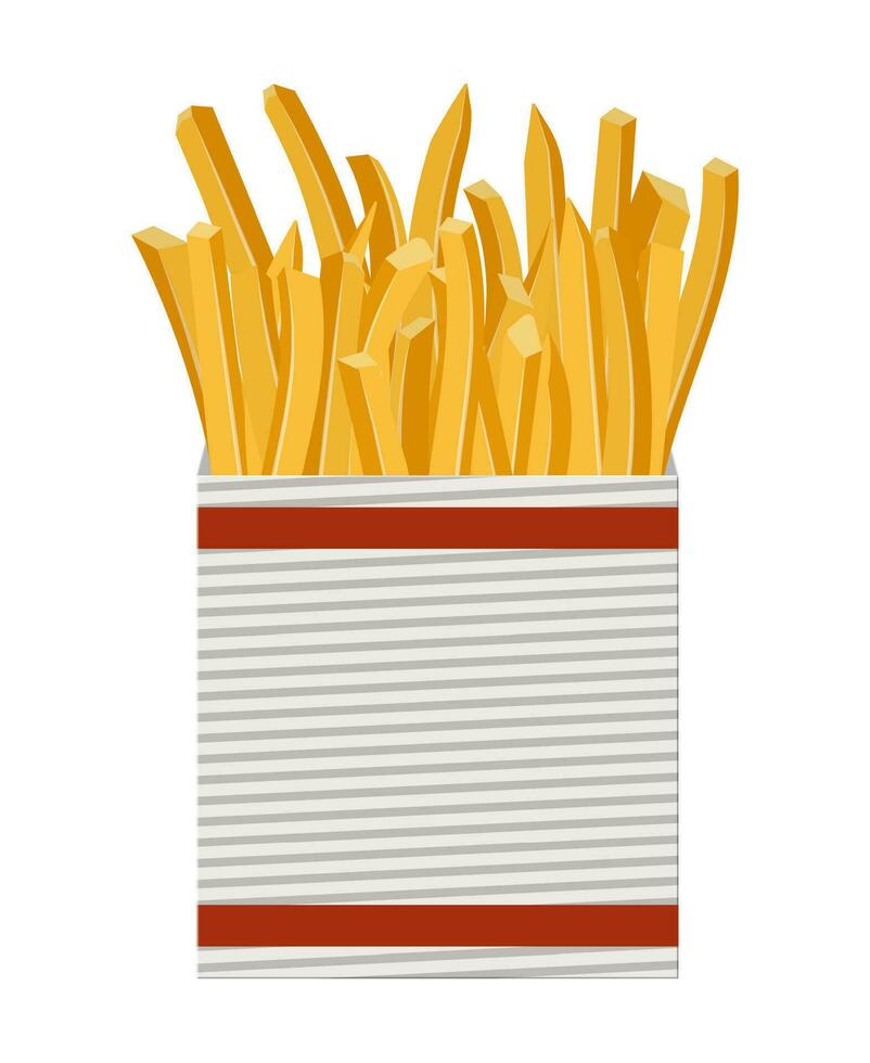 franska frites i vit papper låda. friterad potatisar i paket. snabb mat. vektor illustration i platt stil