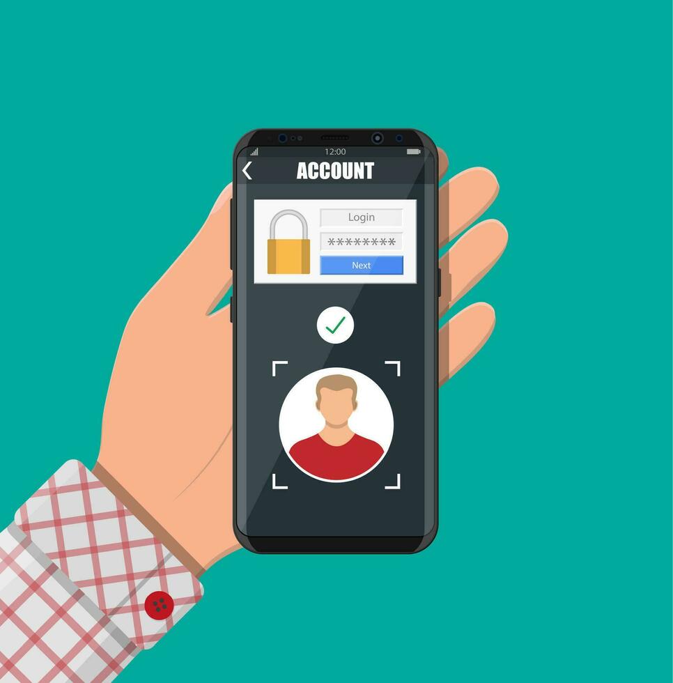 Hände mit Smartphone freigeschaltet durch Gesicht Erkennung. Handy, Mobiltelefon Telefon Sicherheit, persönlich Zugriff über Finger, Anmeldung bilden in Konto Verwaltung, Genehmigung, Netzwerk Schutz. Vektor Illustration eben