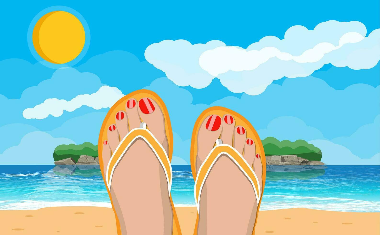 kvinnor fötter i flip floppar. landskap av strand med öar. Sol med reflexion i vatten och moln. dag i tropisk plats. semester och högtider. vektor illustration i platt stil