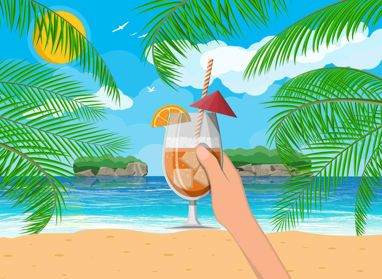 Glas von kalt trinken, Alkohol Cocktail im Hand. Landschaft von Palme Baum auf Strand. Sonne mit Betrachtung im Wasser und Wolken. Tag im tropisch Ort. Ferien und Feiertage. Vektor Illustration im eben Stil