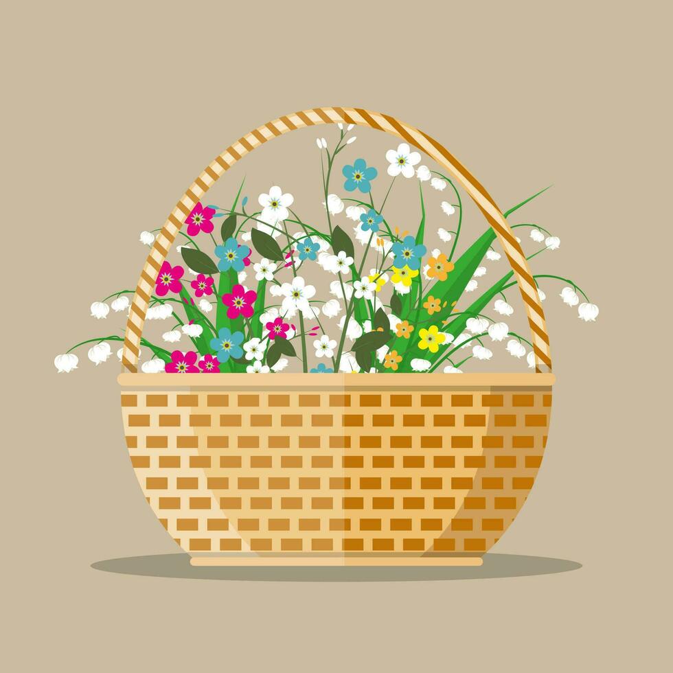 brun vävd korg- korg med Färg blommor. vektor illustration i platt design