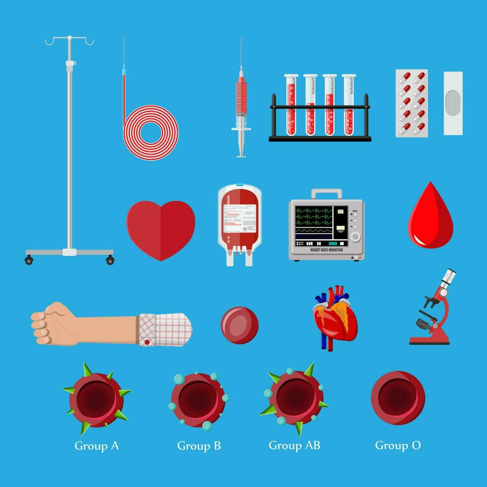 Blut Spende Tag Satz. Mensch spendet Blut. Hand, Mikroskop, Blut Tasche, tropfen, Spritze und Herz. Vektor Illustration im eben Stil.