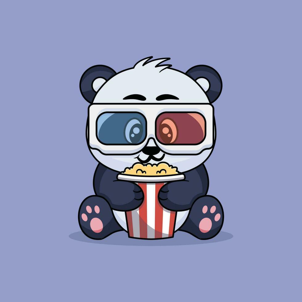 uttryckssymbol av söt panda tugga popcorn, tittar på film i 3d glasögon vektor tecknad serie illustration
