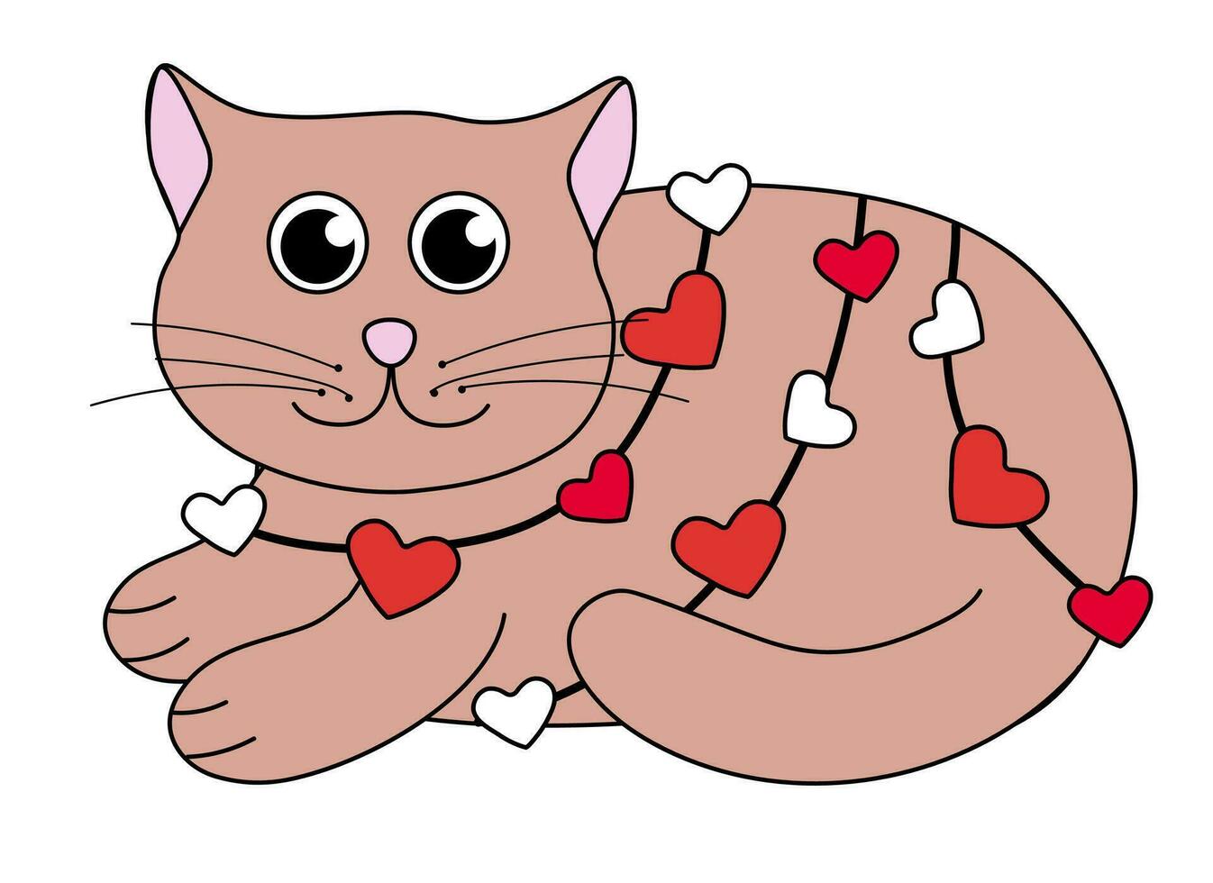 Karikatur Valentinstag Tag Katze Charakter. süß Kätzchen im Girlande mit Herzen. Vektor eben Illustration.