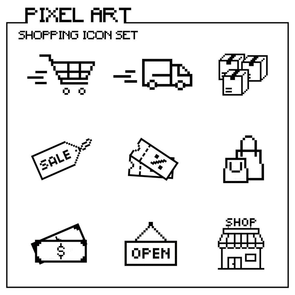 Einkaufen Symbol einstellen Pixel Kunst 8 Bit Stil vektor