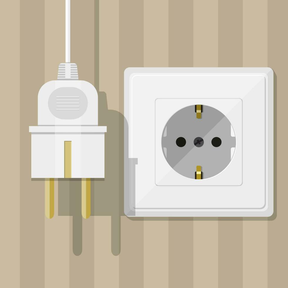 elektrisk vit uttag och plugg med skuggor på randig brun vägg bakgrund. vektor illustration i platt design