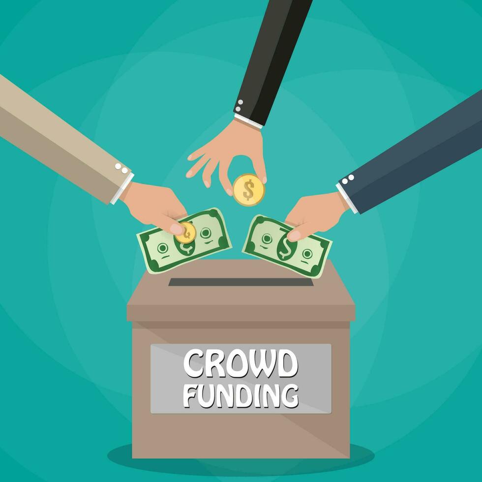 Hände geben Kasse Dollar und Münzen Geld zum Neu Geschäft Projekt im rot Kasten. Crowdfunding Konzept. Vektor Illustration im eben Stil auf Grün Hintergrund.