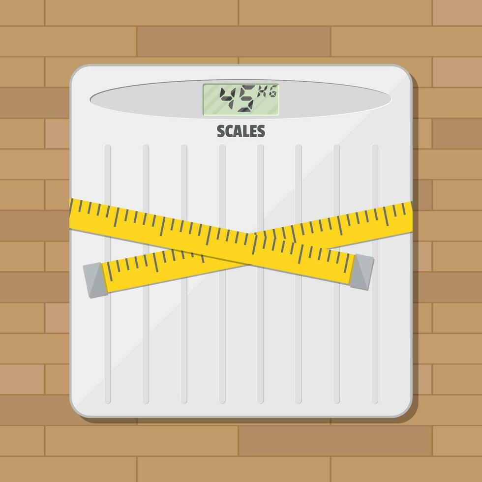 badrum golv vikt skala och mätning tejp. vektor illustration i platt stil på trä- bakgrund