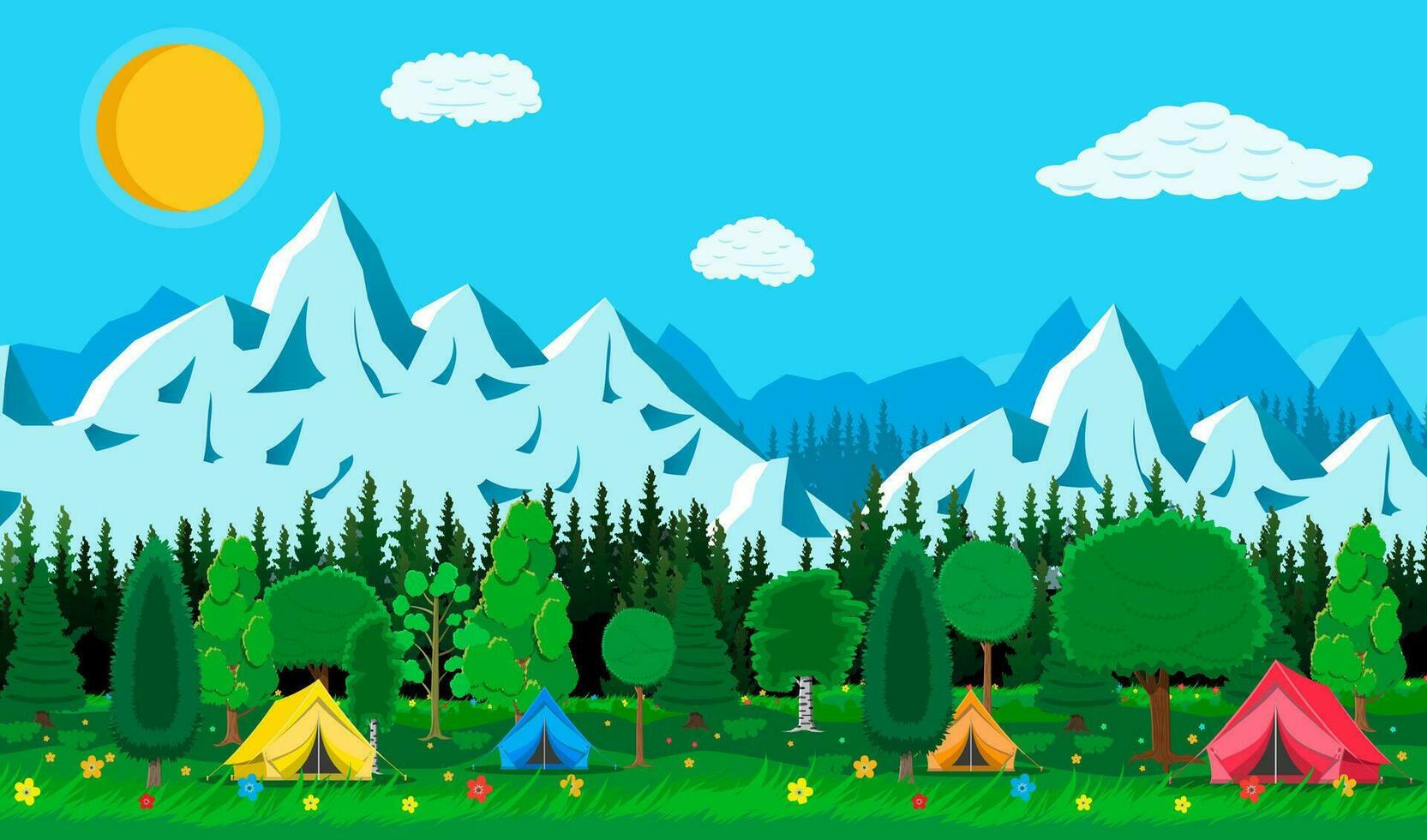 äng med gräs och camping. tält, blommor, berg, träd, himmel, Sol och moln. vektor illustration i platt stil