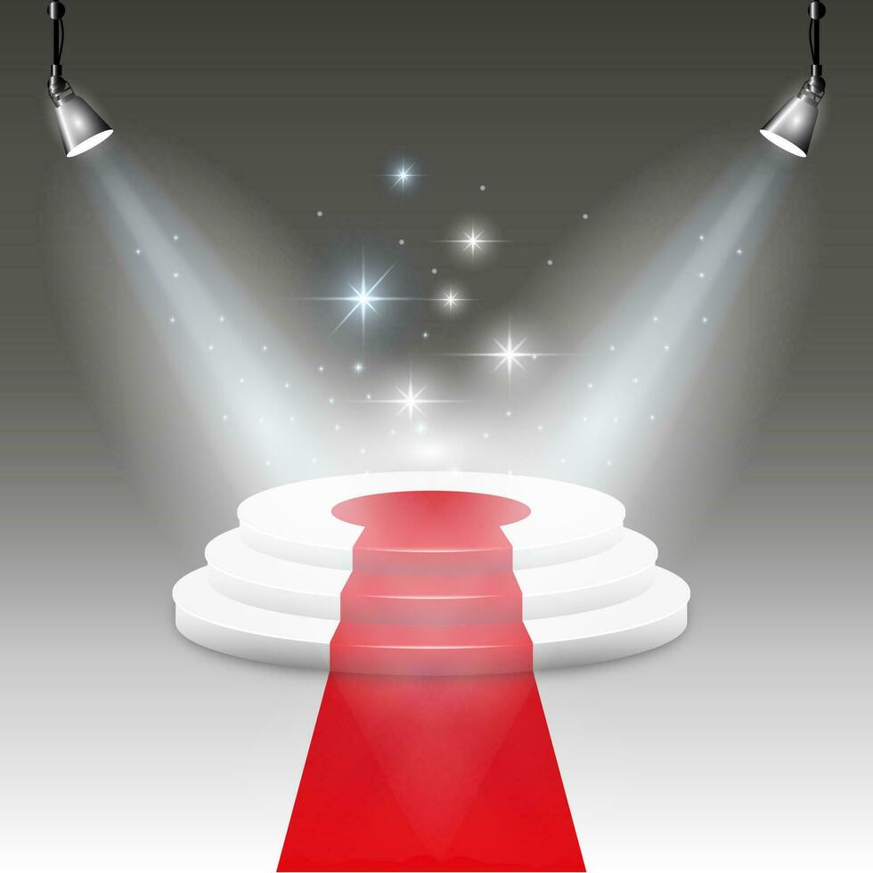 Weiß beleuchtet Bühne Podium mit rot Teppich Straße. Vektor Illustration.