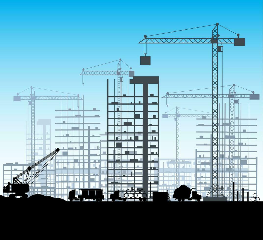 Konstruktion Seite? ˅ mit Gebäude und Kräne. Wolkenkratzer unter Konstruktion. Bagger, Dump LKW, Kipper. Vektor Illustration Silhouette und Blau Himmel