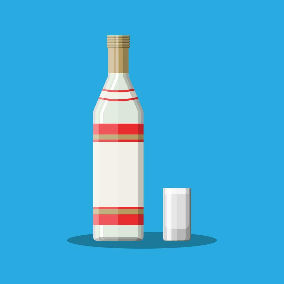 Flasche von Wodka mit Schuss Glas. Wodka Alkohol trinken. Vektor Illustration im eben Stil