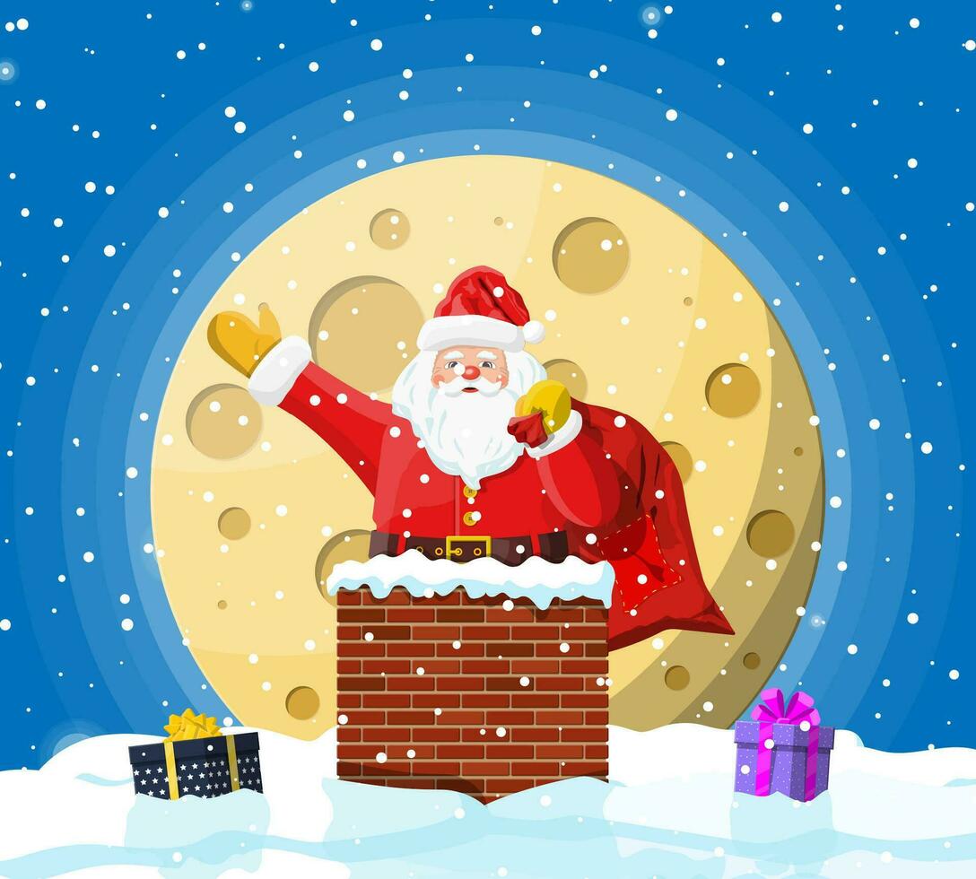 Santa claus mit Tasche mit Geschenke im Haus Schornstein, Geschenk Kisten im Schnee. glücklich Neu Jahr Dekoration. fröhlich Weihnachten Vorabend Urlaub. Neu Jahr und Weihnachten Feier. Vektor Illustration im eben Stil