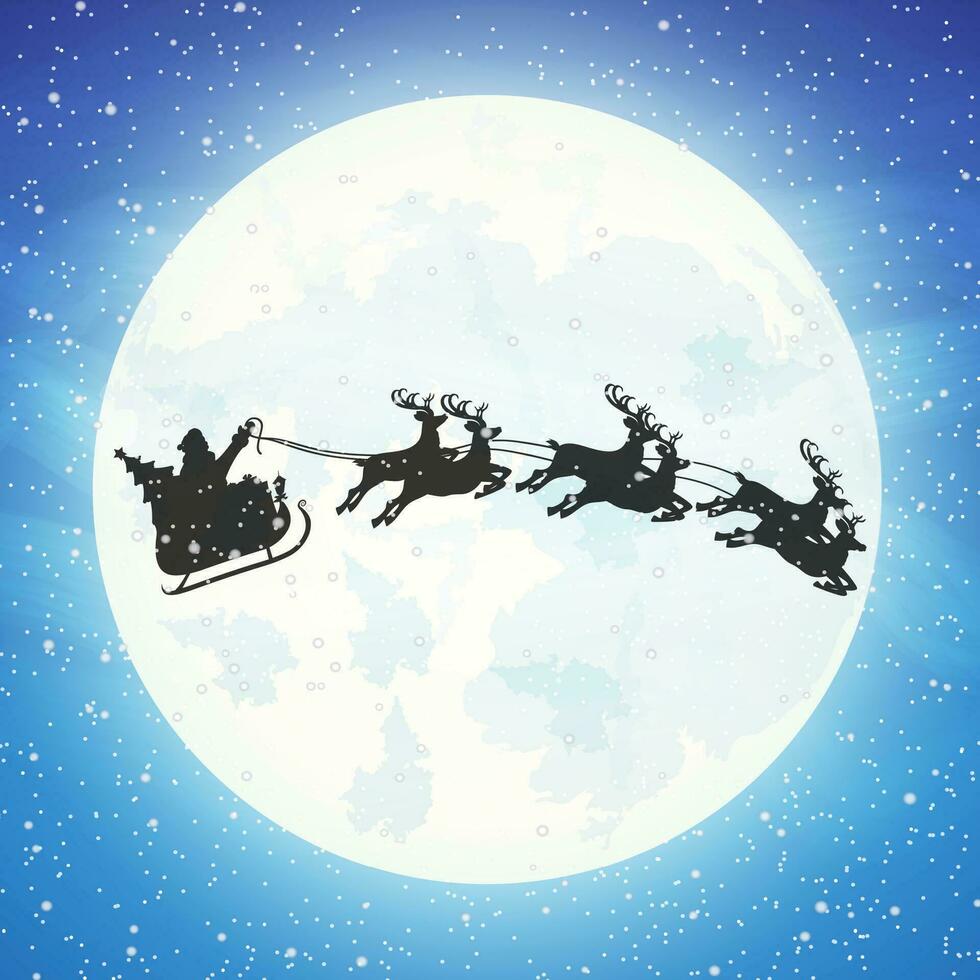 Santa claus auf Schlitten voll von Geschenke und seine Rentiere mit Mond im Himmel. glücklich Neu Jahr Dekoration. fröhlich Weihnachten Urlaub. Neu Jahr und Weihnachten Feier. Vektor Illustration