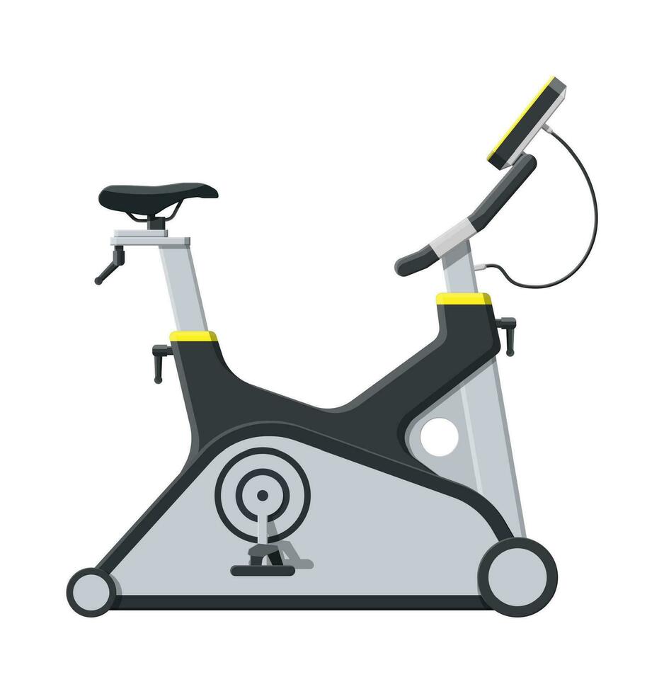 Übung Fahrrad. Fahrrad mit Monitor Griffe. Fitnessstudio trainieren Ausrüstung, Fitness, gesund und Sport Lebensstil. Stärke und Bodybuilding Ausbildung. Vektor Illustration eben Stil
