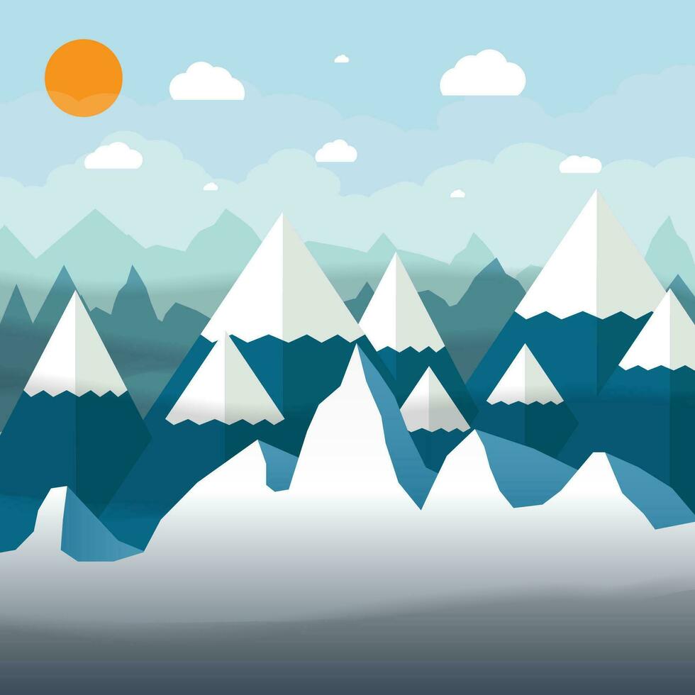 abstrakt Landschaft mit schneebedeckt Berge, Himmel mit Wolken und Sonne. Vektor Illustration im eben Design