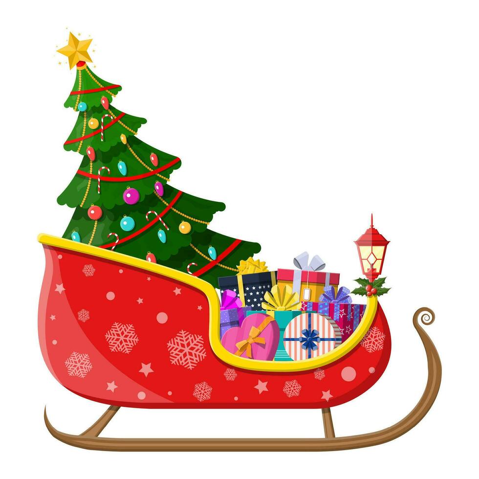 Santa claus Schlitten mit Geschenke Kisten mit Bögen und Weihnachten Baum. glücklich Neu Jahr Dekoration. fröhlich Weihnachten Urlaub. Neu Jahr und Weihnachten Feier. Vektor Illustration im eben Stil