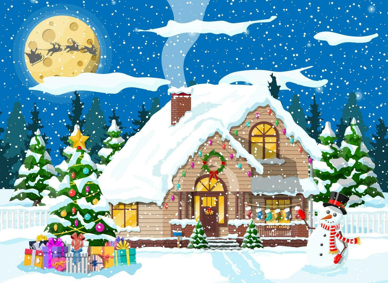 Vorort- Haus bedeckt Schnee. Gebäude im Urlaub Ornament. Weihnachten Landschaft Baum, Schneemann, Santa Schlitten Rentiere. Neu Jahr Dekoration. fröhlich Weihnachten Urlaub Weihnachten Feier. Vektor Illustration