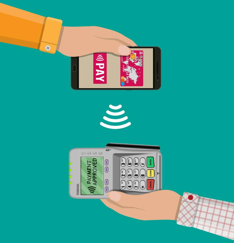 pos terminal bekräftar de betalning förbi smartphone. vektor illustration i platt design. nfc betalningar begrepp