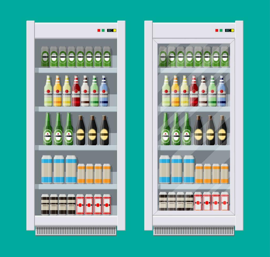 ställer ut kylskåp för kyl- drycker i flaskor och burkar. annorlunda färgad flaskor och burkar med juice soda och öl i kylskåp. kyl- maskin för affär. vektor illustration i platt stil