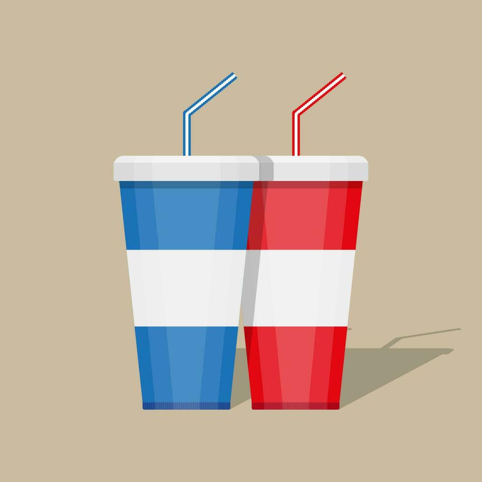 rot und Blau Papier Tassen zum Sanft Getränke mit Trinken Stroh, Vektor Illustration im eben Design auf braun Hintergrund