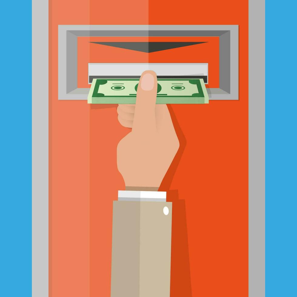 Karikatur Hand nehmen Geld Kasse von Geldautomat Slot. Vektor Illustration im eben Design auf Blau Hintergrund