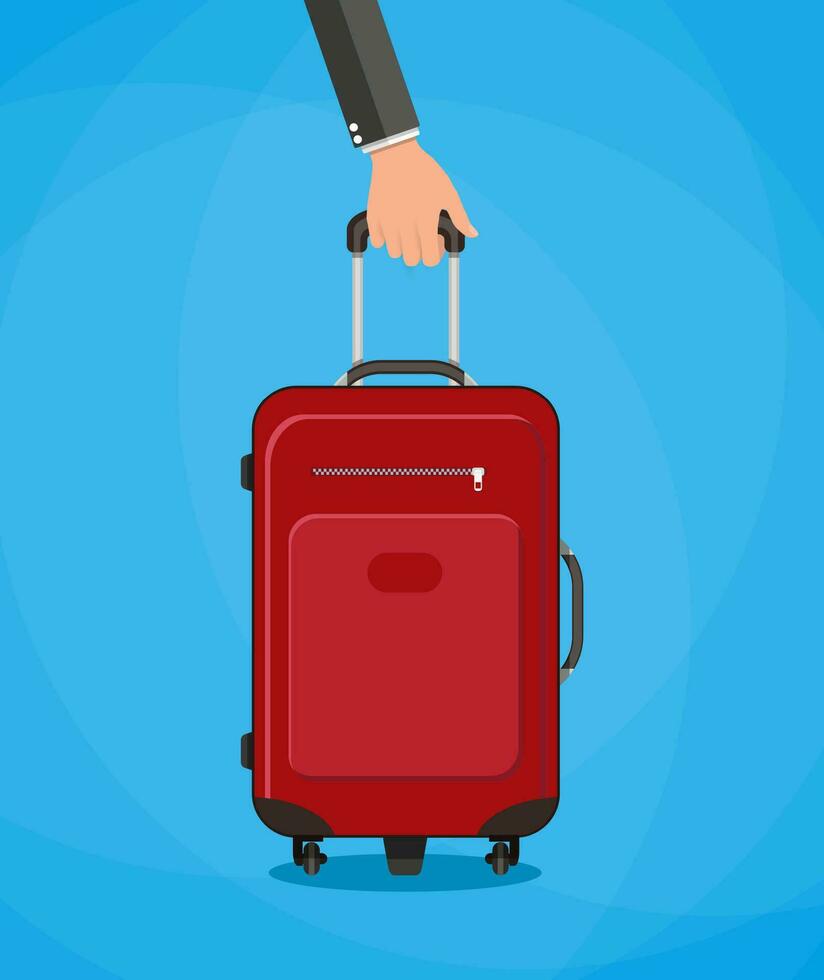 Hand halten rot Reise Tasche. Vektor Illustration auf Blau Hintergrund im eben Design