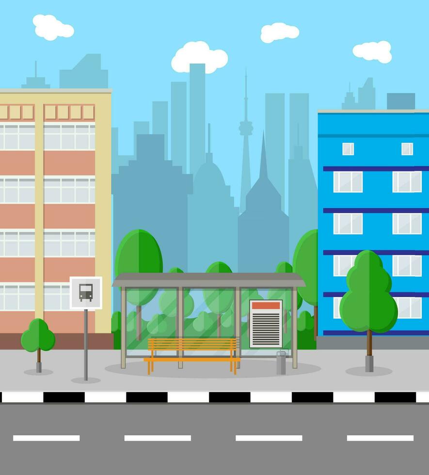 Bus halt mit Stadt Hintergrund. Straße, Bäume, Bus halt Zeichen und Müll Behälter, Himmel mit Wolken. Vektor Illustration im eben Design