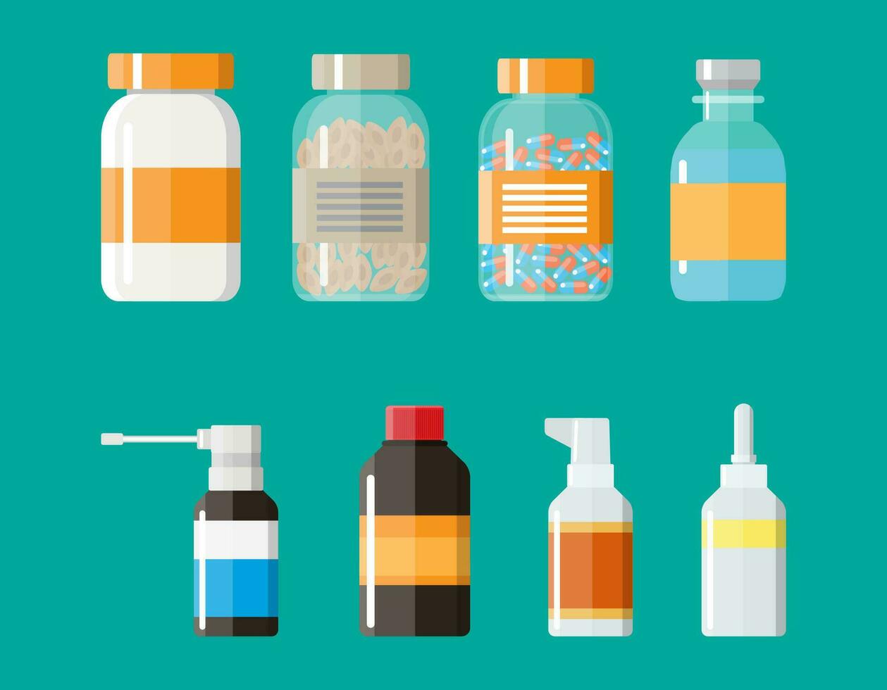 uppsättning av medicin flaskor med etiketter och piller. läkemedel, tabletter, kapslar vitaminer. vektor illustration i platt stil