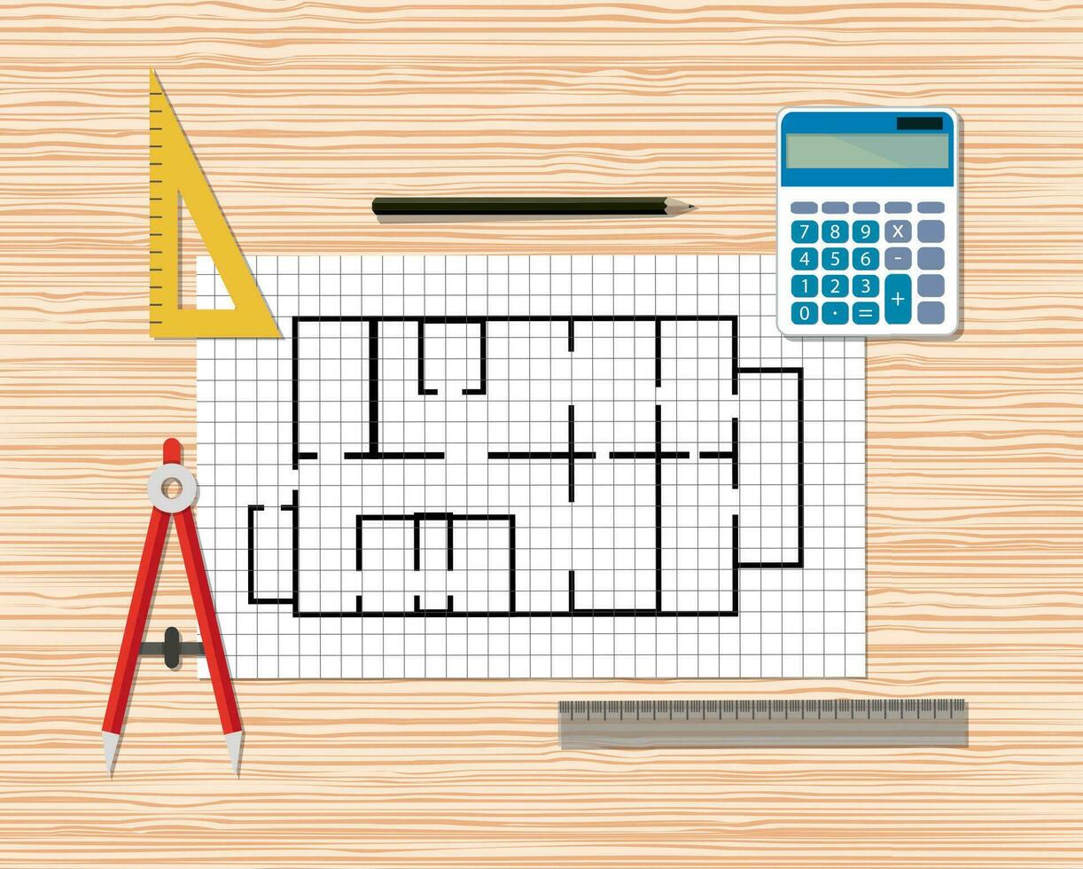 architektonisch Projekt. Konstruktion. Gebäude und Planung. Ingenieur hölzern Desktop mit Gebäude planen, Kompass Teiler, Bleistift, Lineale, Taschenrechner. Vektor Illustration im eben Stil